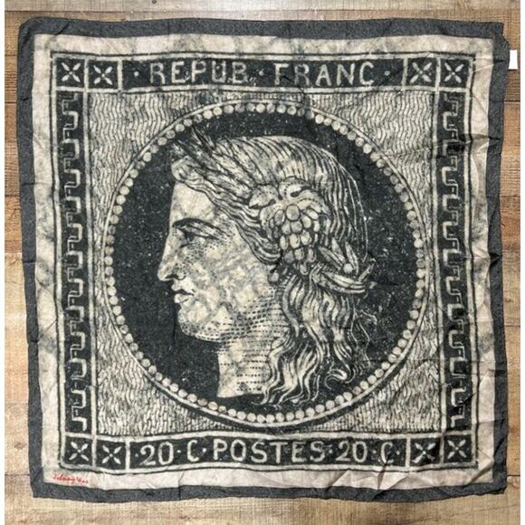 Johnny Was Silk Scarf square 33” French France Stamp Gray - Picture 1 of 2